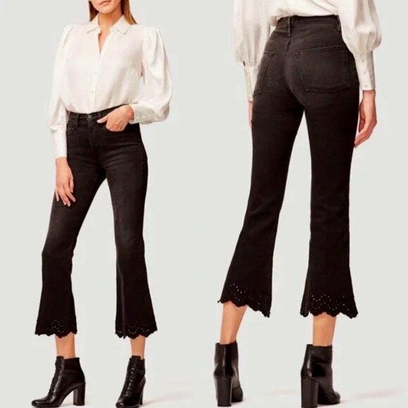 𝅺Frame Denim Schiffly High-Rise Crop Flare Embroidered Scallop Jeans Size 28
